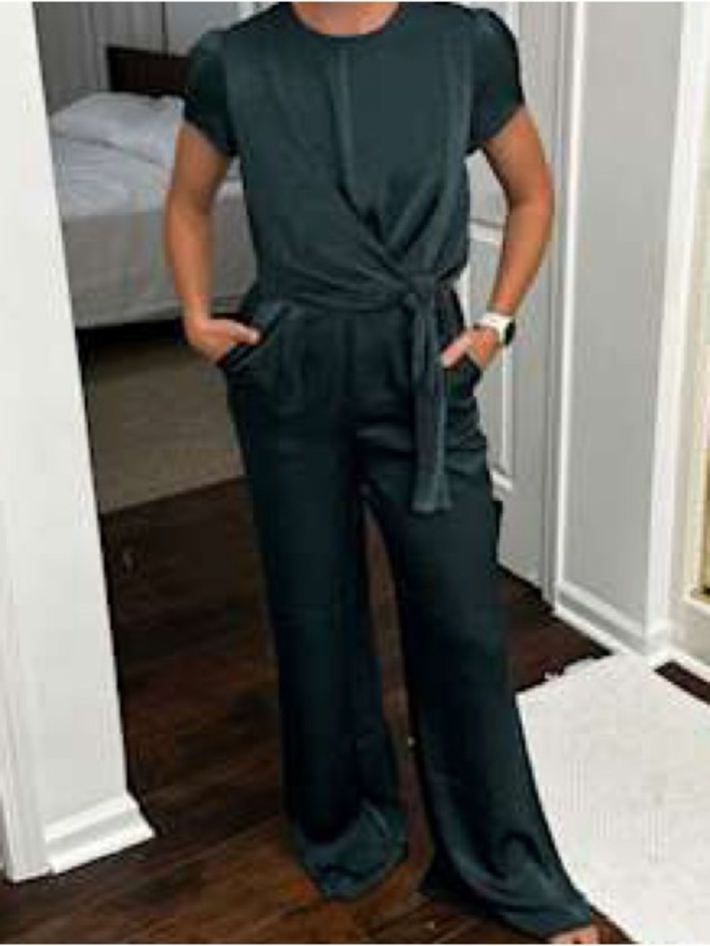 Lulu’s Let Me Entertain You Dark Green Satin Wide-Leg Jumpsuit